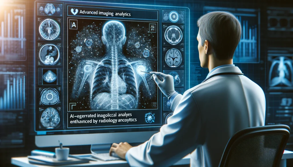 Artificial Intelligence in Healthcare Improving Diagnostic Accuracy A medical professional analyzing radiological images with AI, emphasizing the precision AI brings to diagnostics.